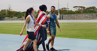 Buy stock photo Team, athlete and USA flag on track, women and man with celebration, medal and success at competition. People, group and national pride for goals, achievement and winner at global sports event