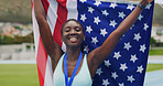 Woman, athlete and portrait with USA flag, celebration or excited for success with goals at global event. Girl, runner and champion with national pride, smile or sport contest at stadium in summer