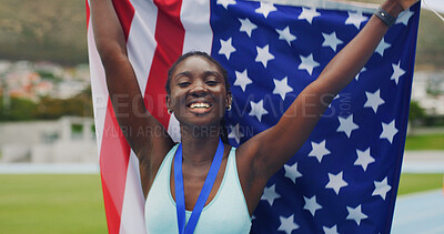 Buy stock photo Woman, athlete and portrait with USA flag, celebration or excited for success with goals at global event. Girl, runner and champion with national pride, smile or sport contest at stadium in summer
