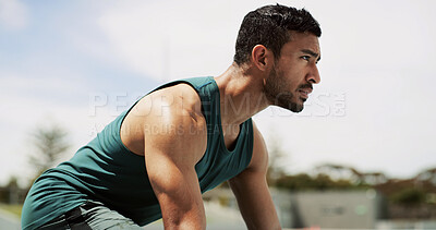 Buy stock photo Fitness, ready and man running outdoor for workout, practice or training for marathon or race. Serious, sports and male athlete with cardio exercise for challenge, activity or competition at stadium.