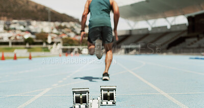 Buy stock photo Running, start and back of man on race track for fitness, competition practice and workout. Begin, marathon challenge and sports athlete with person in stadium for exercise, training and cardio