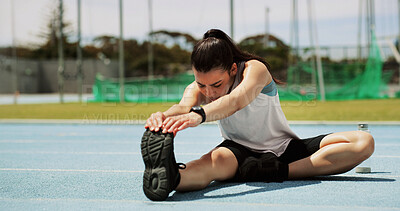 Buy stock photo Runner, woman and stretching legs at stadium for health, wellness or exercise preparation outdoor. Sports, athlete and warm up hamstring on race track to start training, fitness or flexibility