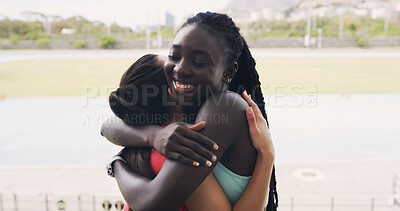 Buy stock photo Friends, hug and runners in stadium for fitness, summer marathon and endurance. Women, athlete and smile for teamwork, collaboration and outdoor for wellness and exercise on running track together