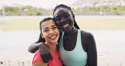 Buy stock photo Friends, smile and portrait in stadium for fitness, marathon and sports field. Women, athlete and hug for teamwork, collaboration and outdoor for wellness and exercise on running track together