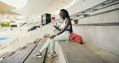 Buy stock photo Athlete, think and woman with smartphone, stadium or  sportswear for fitness, calm or workout break. Outdoor, runner and plan for marathon, wellness and black person with mobile, wonder or reflection