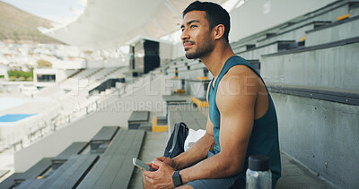 Buy stock photo Thinking, athlete and man with smartphone, stadium or  sportswear for fitness, calm or workout break. Outdoor, runner and planning for marathon, wellness and person with mobile, wonder or reflection