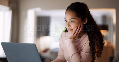 Buy stock photo Woman, student and laptop in home for e learning, research or assessment for online college course. Girl, computer and education with virtual class, study and university scholarship on web at house