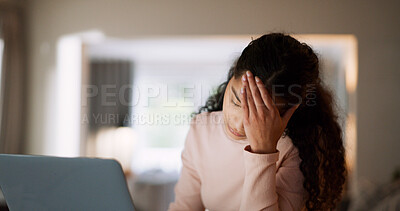 Buy stock photo Woman, headache and laptop with remote work from home, stress and deadline for freelance project. Person, copywriter and computer with migraine, burnout and exhausted with fatigue at apartment