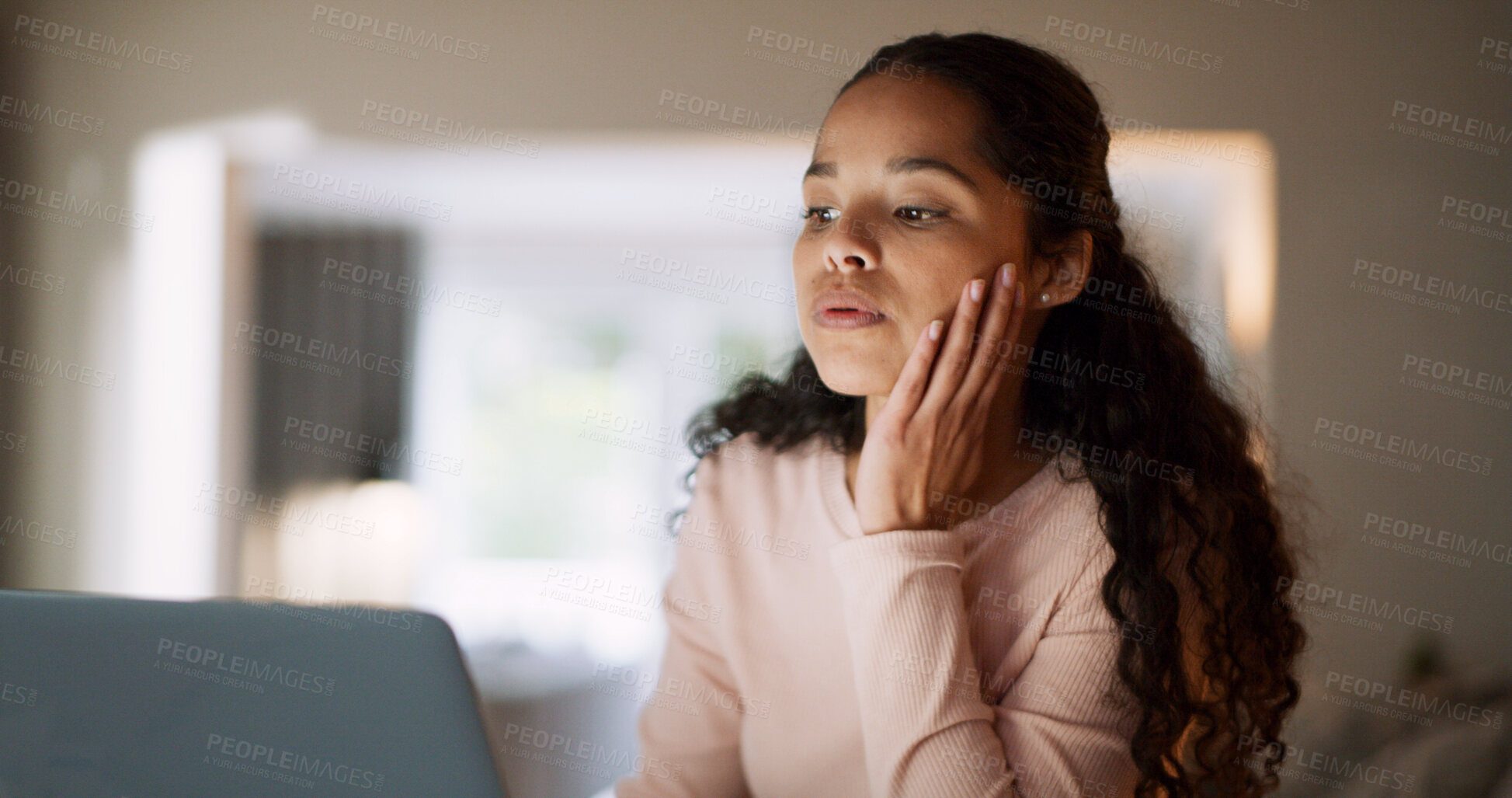 Buy stock photo Woman, student and laptop in home for online course, research or elearning assessment for college. Girl, computer and education with virtual test, thinking or problem solving for scholarship at house