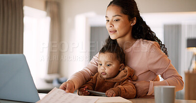 Buy stock photo Documents, multitasking or remote work with baby and mother in home together for small business startup. Busy, laptop or paperwork with infant and woman parent in apartment as freelance employee