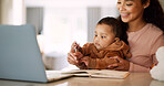 Mother, baby and multitasking with laptop at house for research, finance report and productivity. Woman, child and play with pen for loan application, financial planning and review budget for payment