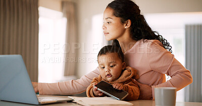 Buy stock photo Laptop, multitasking or remote work with baby and mother in home together for small business startup. Busy, computer and phone with infant and single parent woman in apartment as freelance employee