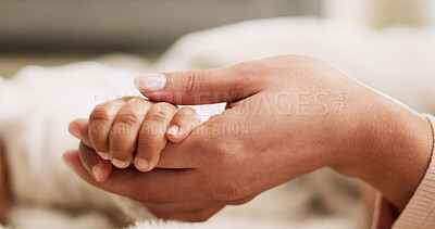 Buy stock photo Holding hands, bed and mom with baby in home for rest, comfortable and relax for bonding. Family, parent and closeup of mother and child for love, relationship and calm for support, care or affection