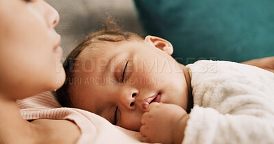 Buy stock photo Sleeping, tired and mom with baby in home for rest, dreaming and nap together for bonding. Family, sofa and mother with child with affection, love and care for  relationship, support and comfort