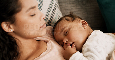 Buy stock photo Sleeping, above and mom with baby on sofa for rest, dreaming and nap together for bonding. Family, living room and mother with child with love, care and tired for relationship, support and comfort