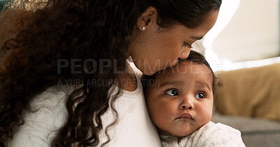 Buy stock photo Love, kiss and mother with baby in home for trust, parenting comfort and bonding together. Childcare, support and motherhood with woman and kid in family house for connection, care and growth