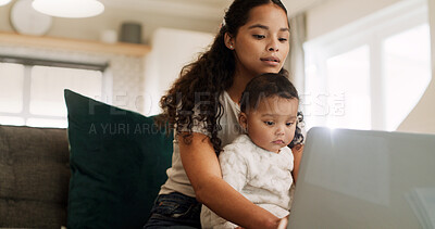 Buy stock photo Woman, child and multitasking with laptop at house for research, finance report and productivity. Mother, baby and typing on pc for loan application, financial planning and review budget for payment
