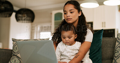 Buy stock photo Woman, baby and multitasking with laptop at house for research, finance report and productivity. Mother, child and typing on PC for loan application, financial planning and review budget for payment