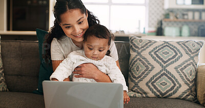 Buy stock photo Happy, woman and baby with laptop at house for research, finance report and insurance. Mother, child and multitasking with pc for loan application, financial planning and review budget for payment