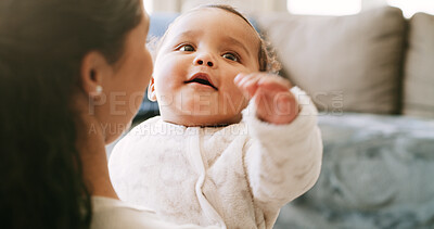 Buy stock photo Happy, playing and mom with baby in home for bonding, loving relationship and child development. Family, parenting and infant with mother for support, connection and relax together for care in house