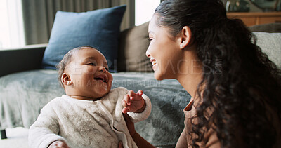 Buy stock photo Happy, playing and mom with baby in home for bonding, child development and relationship. Family, parenting and mother with infant for laughing, relax and care for love, connection and affection