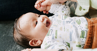 Buy stock photo Happy, playing and mom with baby in home for fun, child development and relax for bonding. Family, house and 
parent with kid on sofa for love, relationship and laugh for support, care and affection