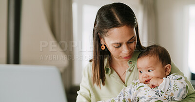 Buy stock photo Laptop, multitasking or remote work with baby and woman in home together for small business startup. Balance, busy or computer with single mother and teething infant in apartment as freelancer