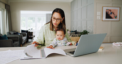 Buy stock photo Laptop, remote work and mom with baby in home for online article, research and copywriting. Family, multitasking and mother with child on computer for freelance career, editing project and planning