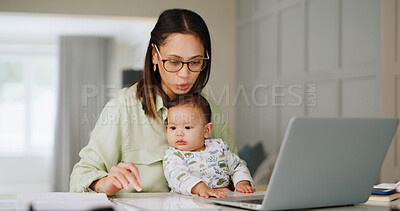 Buy stock photo Remote work, laptop and woman with child in home for online article, research and copywriting. Family, multitasking and mother with baby on computer for freelance career, editing project and planning