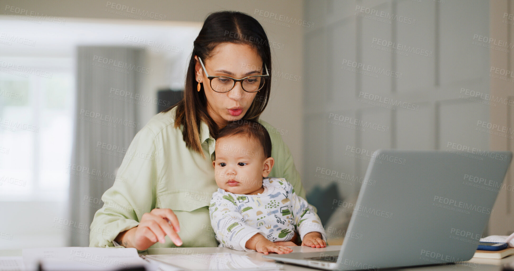 Buy stock photo Remote work, laptop and woman with child in home for online article, research and copywriting. Family, multitasking and mother with baby on computer for freelance career, editing project and planning