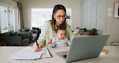 Buy stock photo Documents, remote work and woman with baby on laptop for budget, finance consultant and report. Working from home, family and mom with child on computer for financial planning, review and research