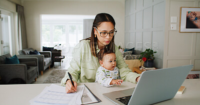 Buy stock photo Laptop, woman and baby in home for remote work, networking or multitasking. Technology, single mother and child with document, research and time management with freelancer mom in house for notes