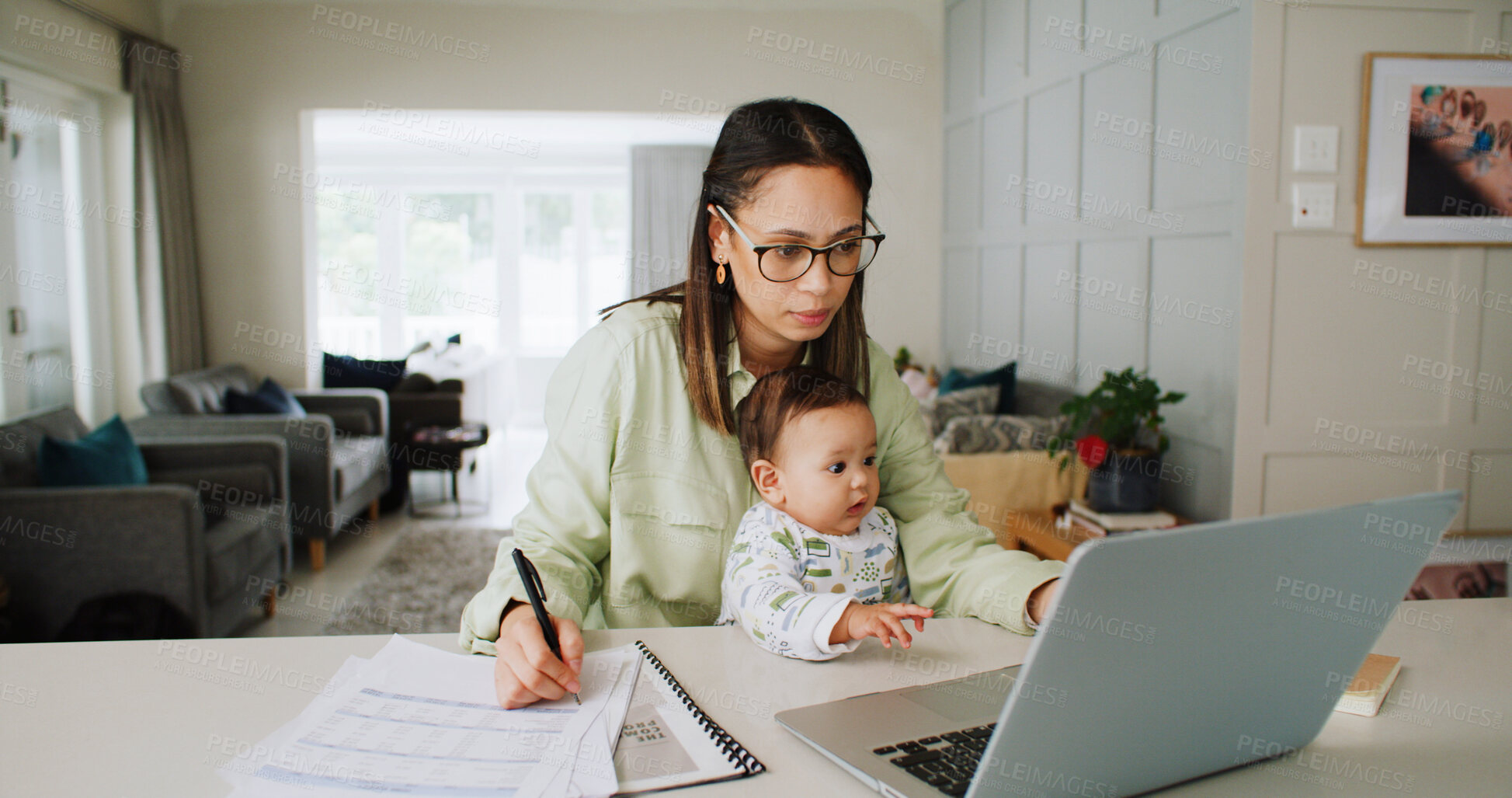 Buy stock photo Laptop, woman and baby in home for remote work, networking or multitasking. Technology, single mother and child with document, research and time management with freelancer mom in house for notes