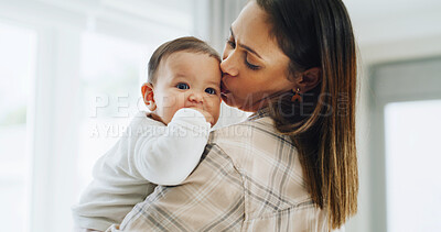 Buy stock photo Care, kiss and mother with baby in home for trust, parenting comfort and bonding together. Childcare, support and motherhood with woman and kid in family house for connection, love and growth