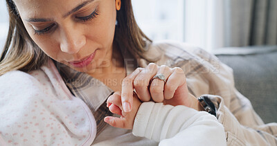 Buy stock photo Family, love and mother with baby for bonding, healthy relationship and childcare in home. Parent, childhood and mom in living room with embrace, care and relax together for affection and support