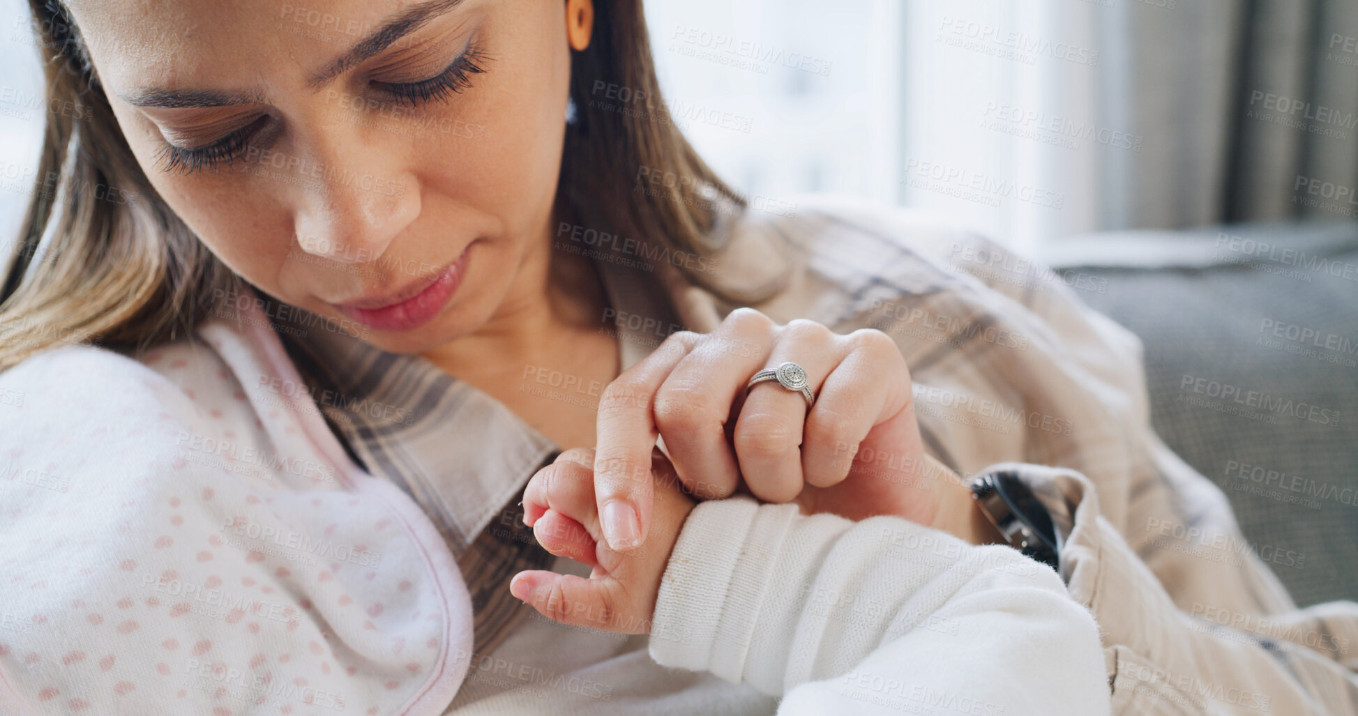 Buy stock photo Family, love and mother with baby for bonding, healthy relationship and childcare in home. Parent, childhood and mom in living room with embrace, care and relax together for affection and support