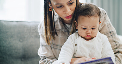 Buy stock photo Development, education or reading with baby and mother on sofa in living room of home for growth. Book, future or story with infant and single parent woman in apartment for learning or teaching