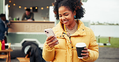 Buy stock photo Happy, food truck and woman with phone and coffee on social media, internet and website on weekend. Customer review, outdoor and person on smartphone with drink by mobile cafe, restaurant and vendor