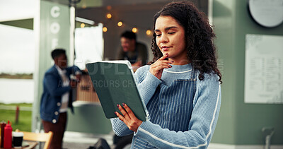 Buy stock photo Tablet, food truck and woman in city thinking for online menu, customer order and product inventory. Restaurant, mobile cafe and waitress on digital tech for bistro website, ideas and price list