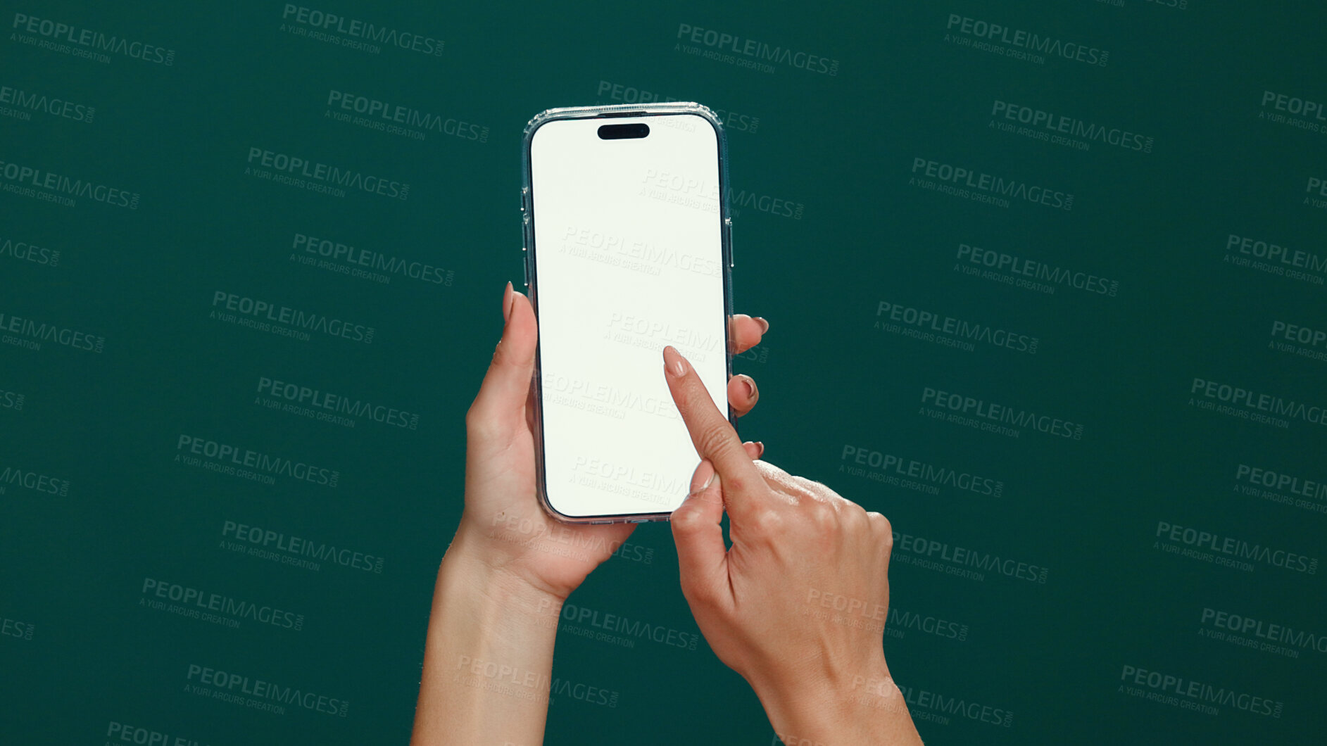 Buy stock photo Hands, cellphone and woman in studio, screen and social media on green background. Internet, mockup space and person with smartphone, app and connection with network, email and message to contact