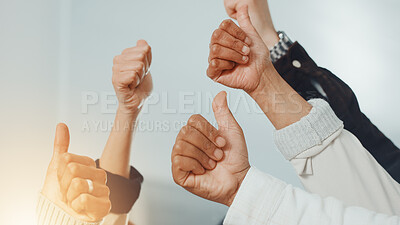 Buy stock photo Business people, hands and thumbs up for collaboration, support or teamwork with goals. Employees, group and approval with gesture for mission, target and staff synergy for voice or positive opinion