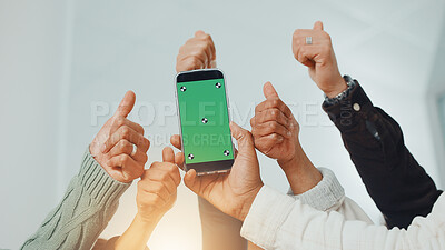 Buy stock photo Business people, phone or hands with thumbs up for green screen, hiring application or space. Collaboration, office or mobile success for mission, display or staff vote for vacancy UX or job review