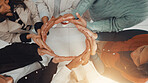 Business people, hands circle and above for teamwork, support or collaboration with goals. Employees, group and together with connection for mission, target and staff synergy for unity or partnership