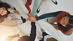Business people, hands together and above for collaboration, support or teamwork with goals. Employees, group and circle with stack for mission, target and staff synergy for success celebration