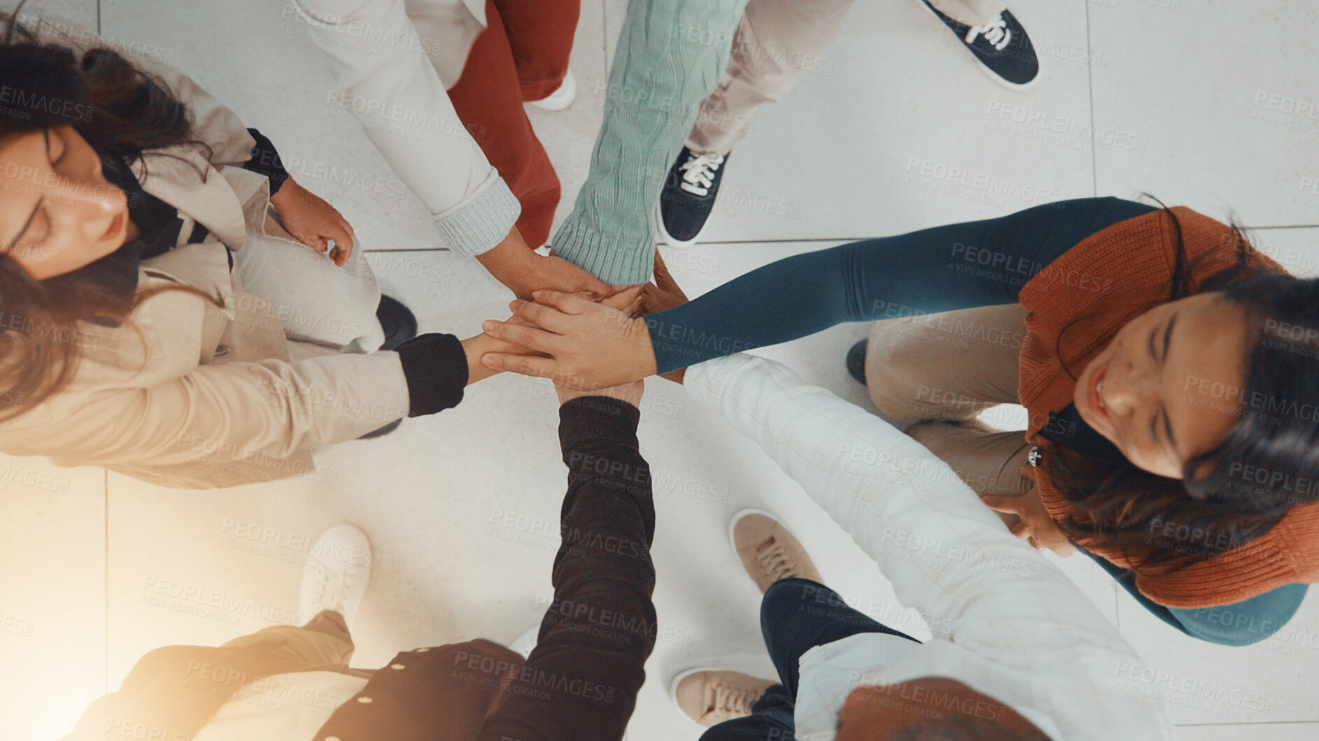 Buy stock photo Business people, hands together and above for collaboration, support or teamwork with goals. Employees, group and circle with stack for mission, target and staff synergy for success celebration
