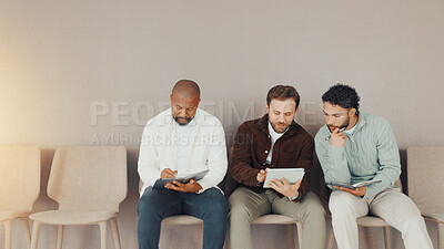 Buy stock photo Tablet, recruitment and waiting room with business men for hiring, show cv or planning with space. Interview, queue and group of workers with technology for hr, discussion or help with application 
