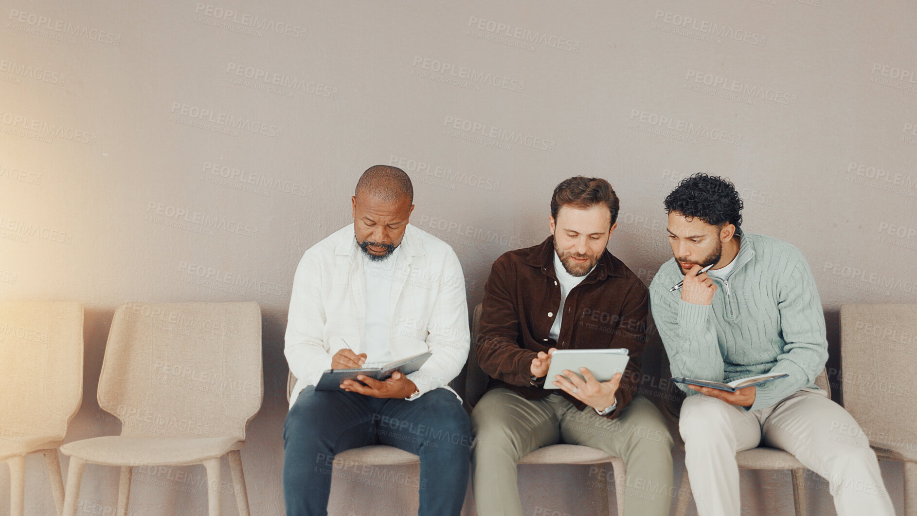 Buy stock photo Tablet, recruitment and waiting room with business men for hiring, show cv or planning with space. Interview, queue and group of workers with technology for hr, discussion or help with application 