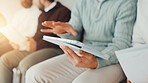 Hands, business and person with tablet in waiting room for job interview, sign up and company website. Candidates, row and digital for research, online application and reading feedback of recruitment