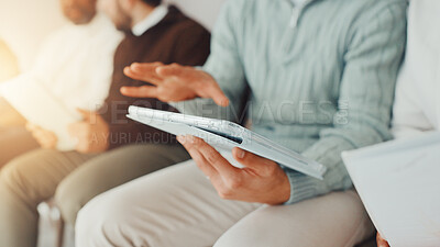 Buy stock photo Hands, business and person with tablet in waiting room for job interview, sign up and company website. Candidates, row and digital for research, online application and reading feedback of recruitment