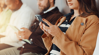 Buy stock photo Hands, business and woman with phone in waiting room for job interview, sign up and company website. Person, candidates and mobile for research, online application and reading feedback of recruitment
